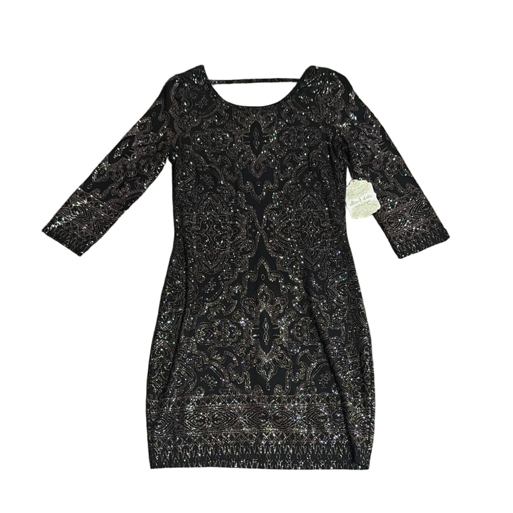 Altar’d State Black Gold Shimmer Bodycon Cocktail Party Dress 3/4 Sleeve SIZE S